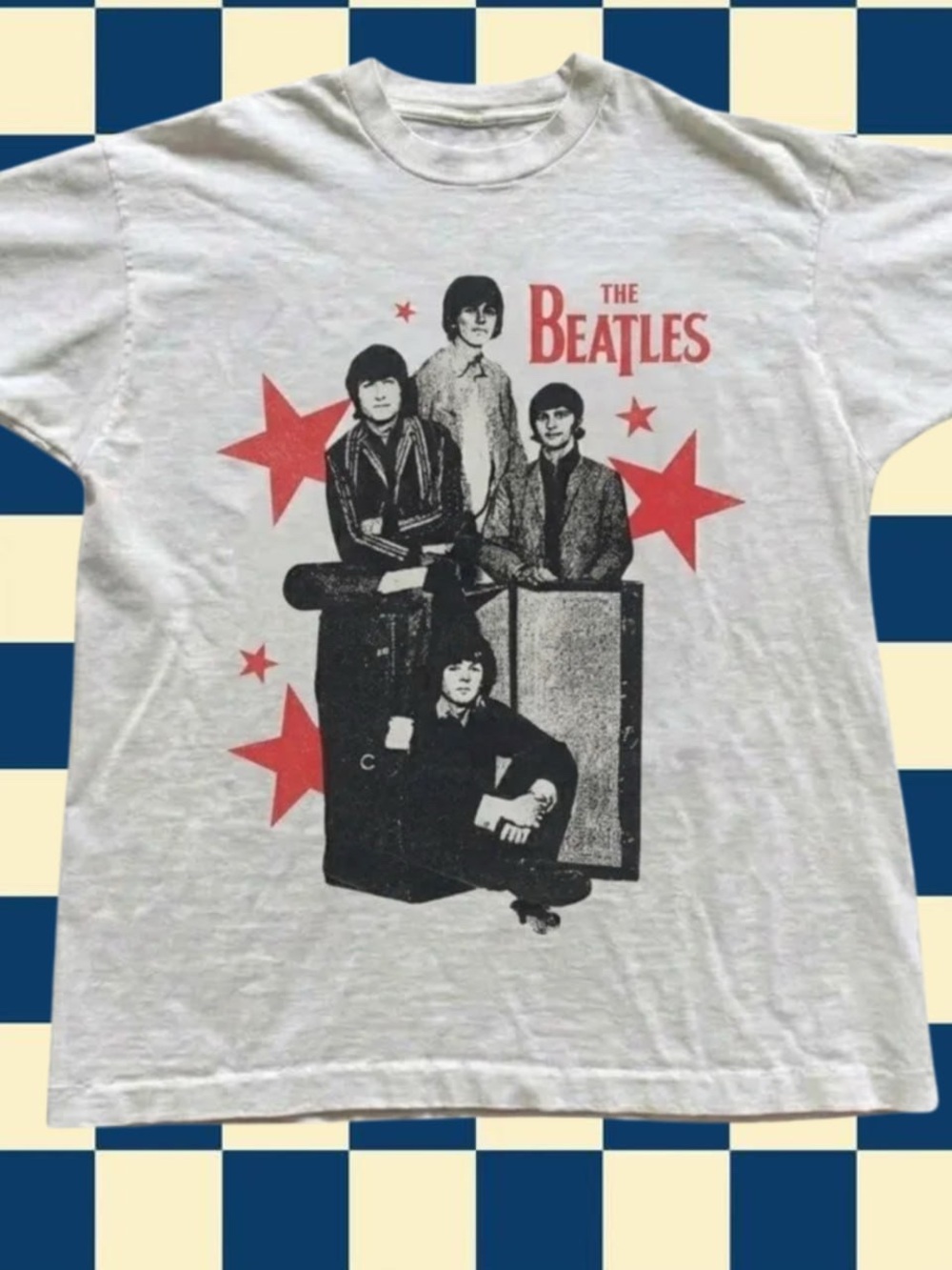 Gildan White T-Shirt with Red Stars & Black Beatles Print